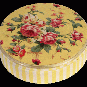 Decopage box m. låg gul m. roser rund